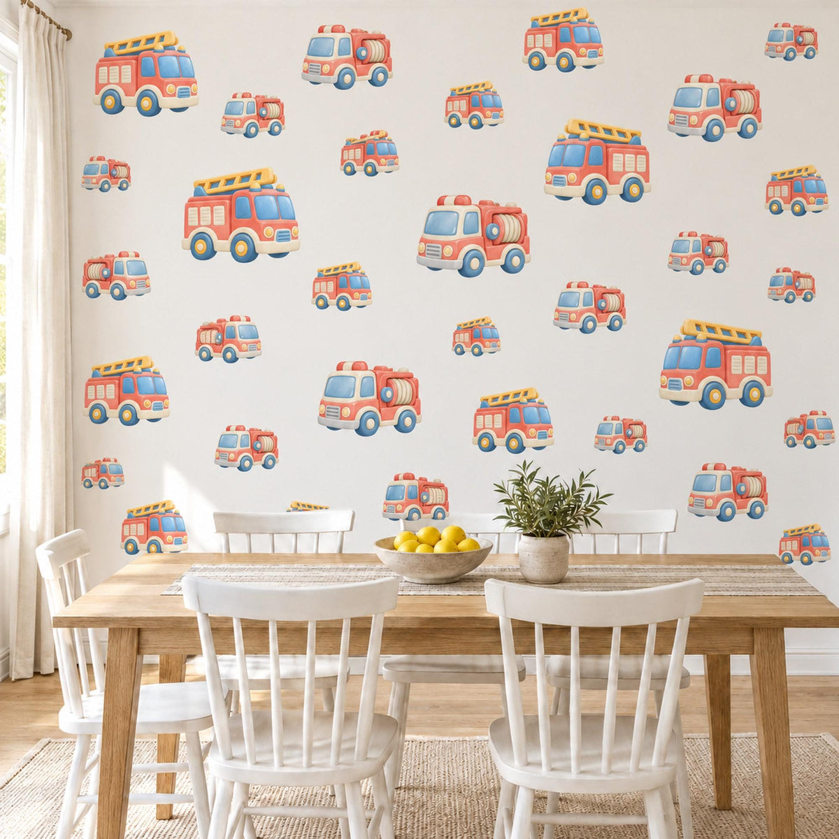 Fire Engine Wall Stickers, Fire Truck Nursery Decor, Vehicle Wall Decals, Coral Dusty Blue Honey Boys Room Peel and Stick Wall Art