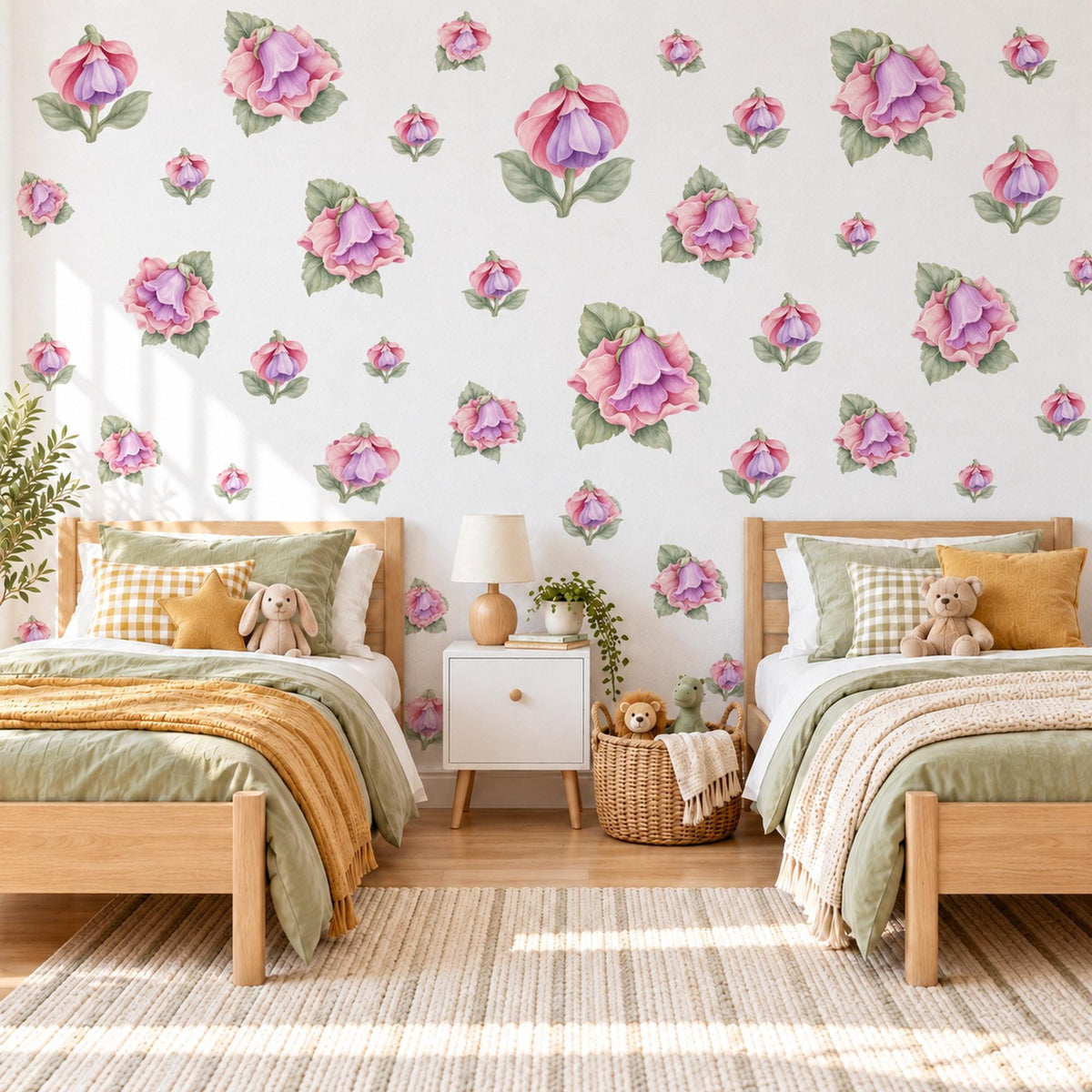 Fuchsia Wall Stickers, Lilac Flower Nursery Decor, Floral Bell Wall Decals, Dusty Rose Sage Girls Kids Room Peel and Stick Wall Art