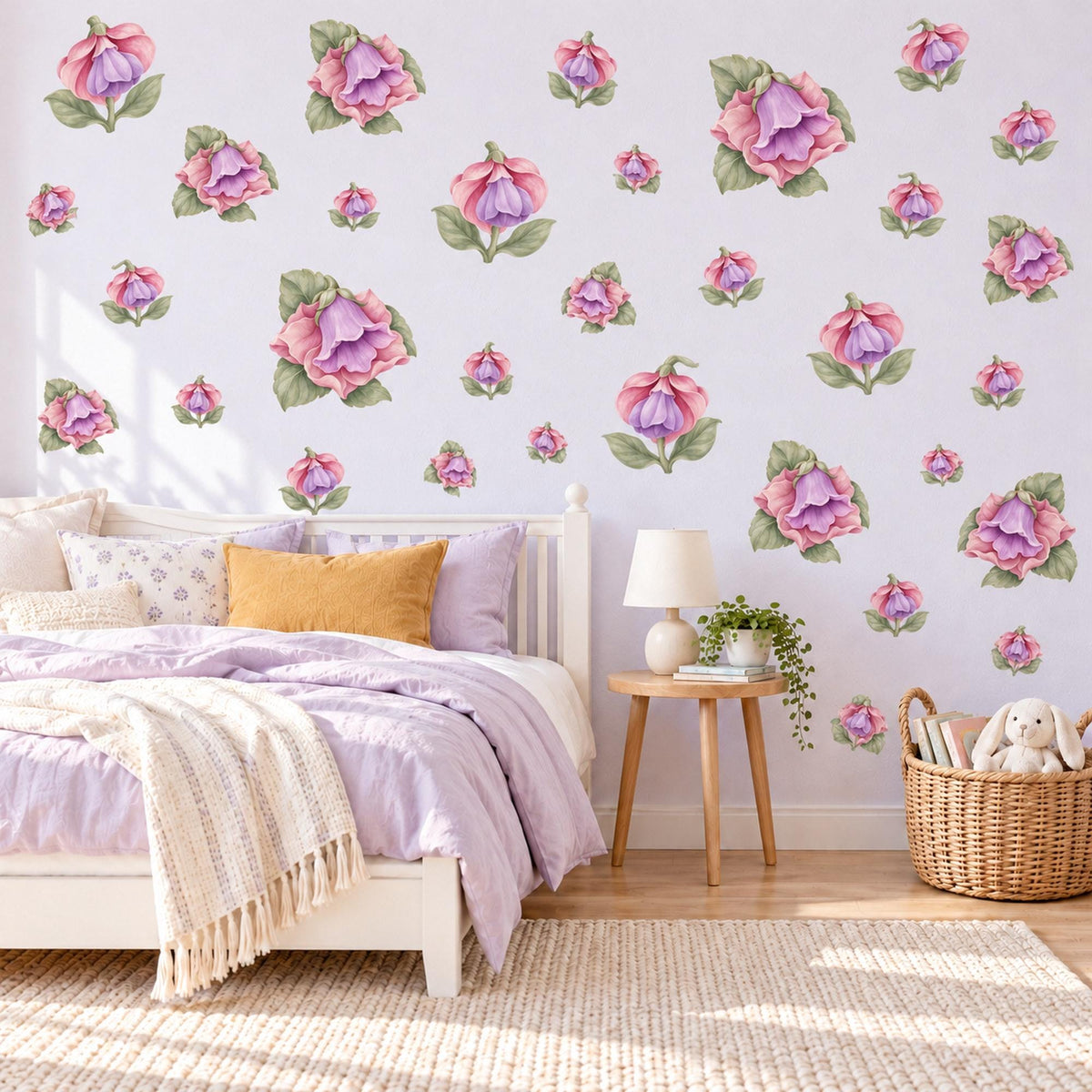 Fuchsia Wall Stickers, Lilac Flower Nursery Decor, Floral Bell Wall Decals, Dusty Rose Sage Girls Kids Room Peel and Stick Wall Art