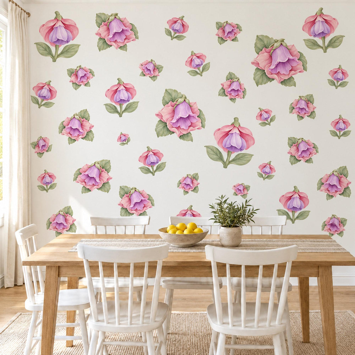 Fuchsia Wall Stickers, Lilac Flower Nursery Decor, Floral Bell Wall Decals, Dusty Rose Sage Girls Kids Room Peel and Stick Wall Art