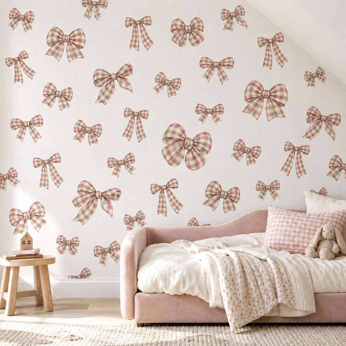 Bow Wall Stickers, Gingham Bow Nursery Decor, Pink Sage Green Bow Wall Decals, Girls Kids Room Coquette Ribbon Peel and Stick Wall Art