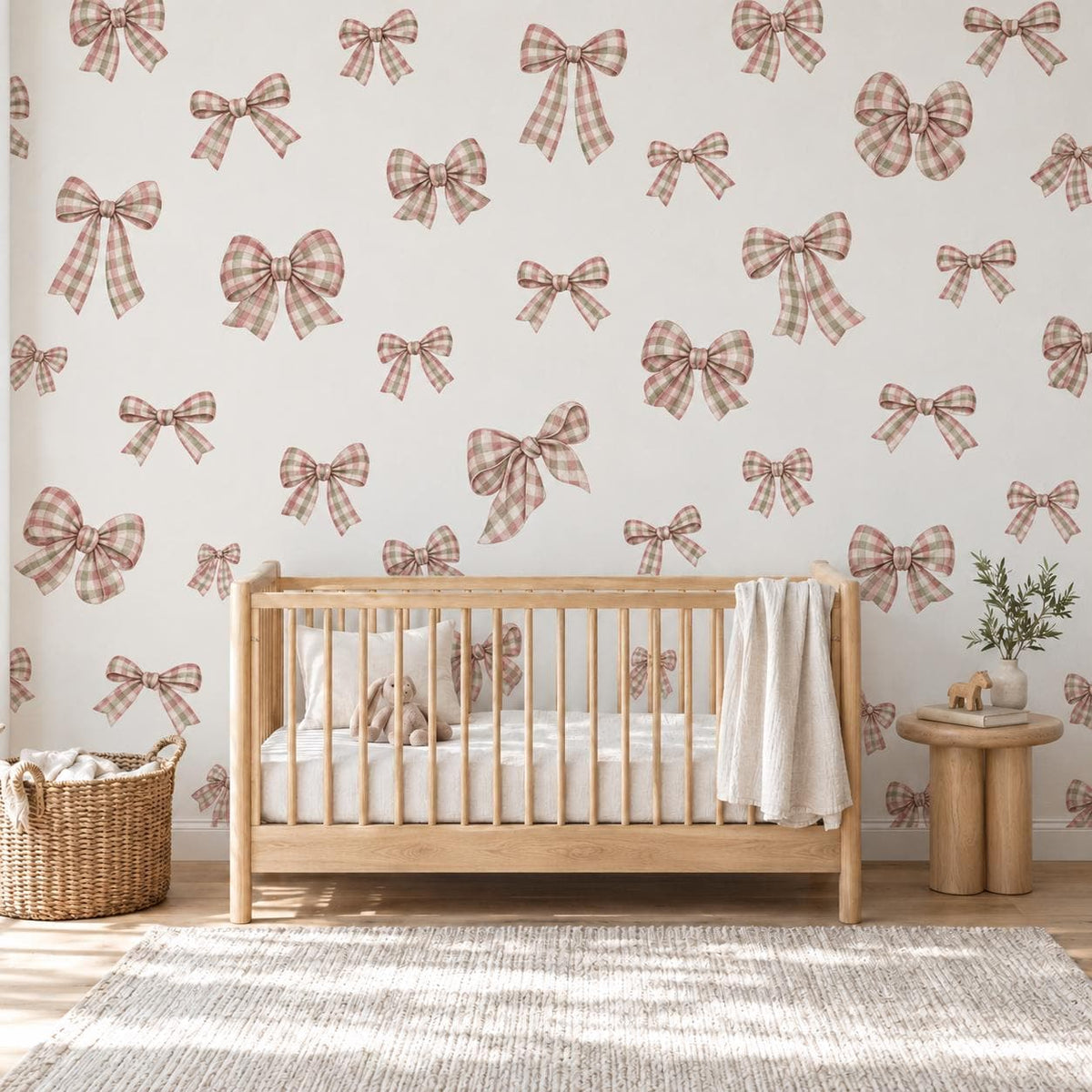 Bow Wall Stickers, Gingham Bow Nursery Decor, Pink Sage Green Bow Wall Decals, Girls Kids Room Coquette Ribbon Peel and Stick Wall Art
