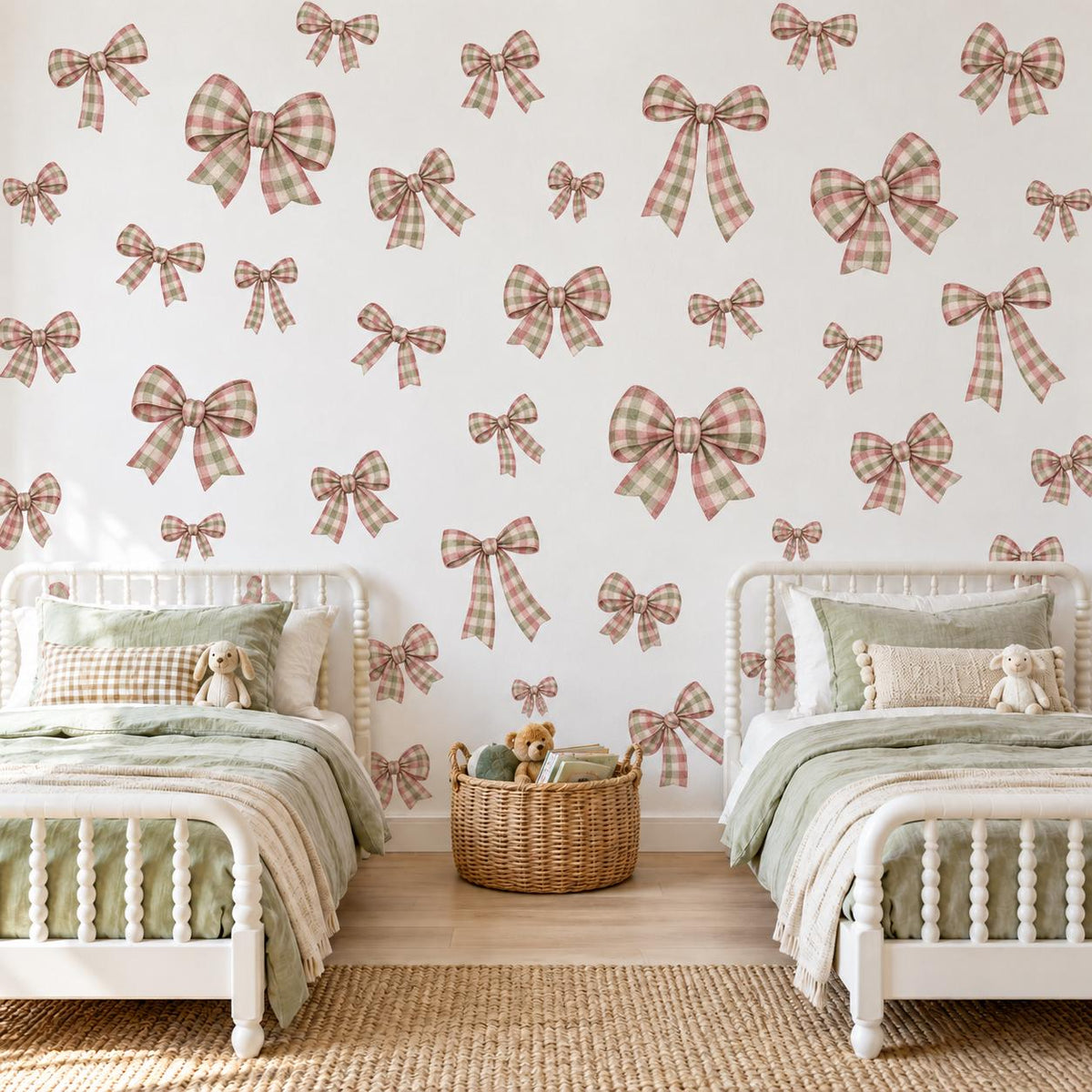 Bow Wall Stickers, Gingham Bow Nursery Decor, Pink Sage Green Bow Wall Decals, Girls Kids Room Coquette Ribbon Peel and Stick Wall Art