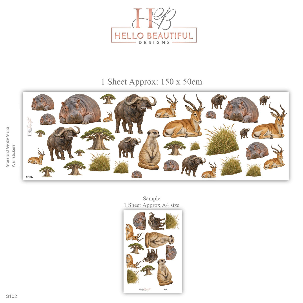 Safari Wall Stickers, African Animal Nursery Decor, Hippo Buffalo Meerkat Wall Decals, Kids Room Savanna Baobab Peel and Stick Wall Art