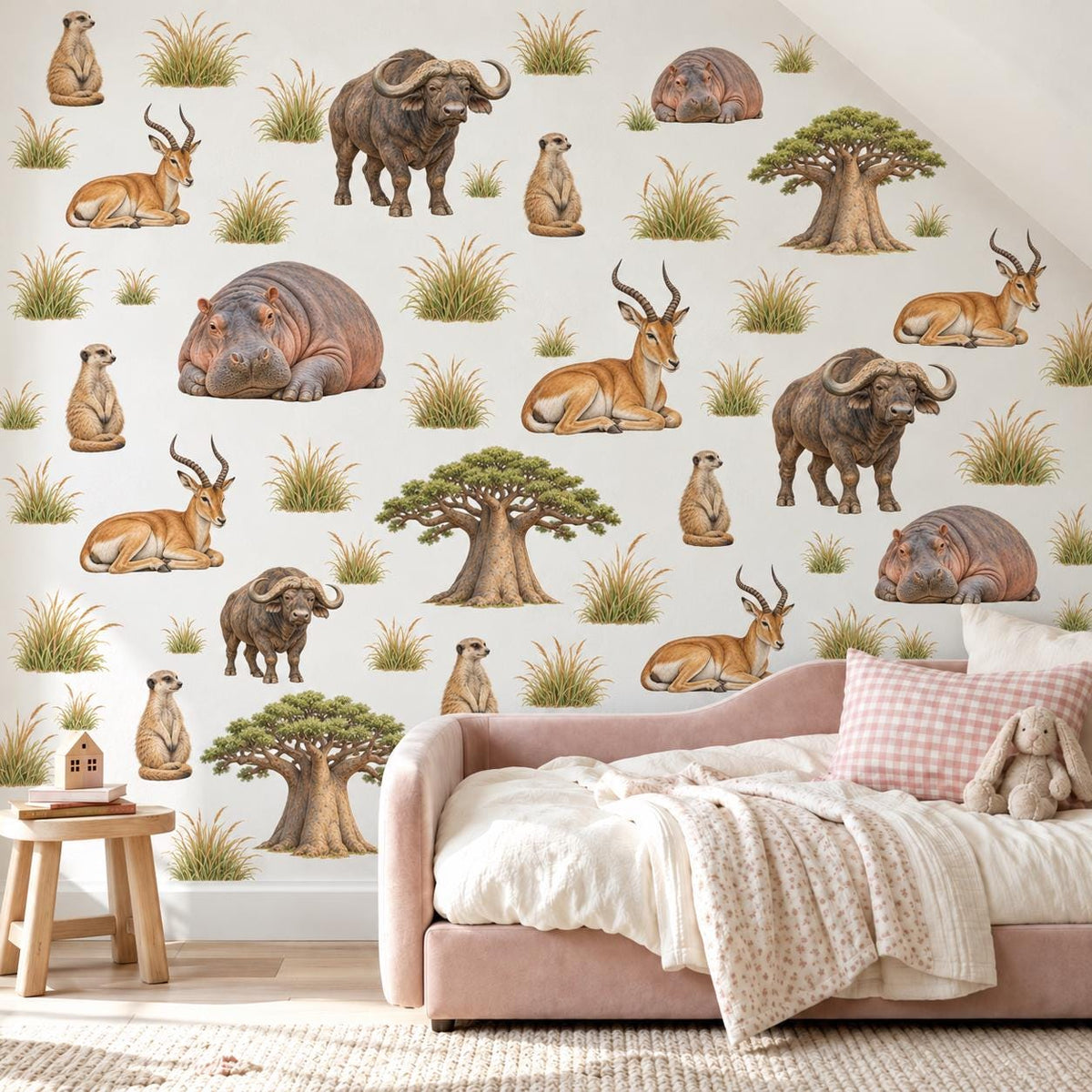 Safari Wall Stickers, African Animal Nursery Decor, Hippo Buffalo Meerkat Wall Decals, Kids Room Savanna Baobab Peel and Stick Wall Art