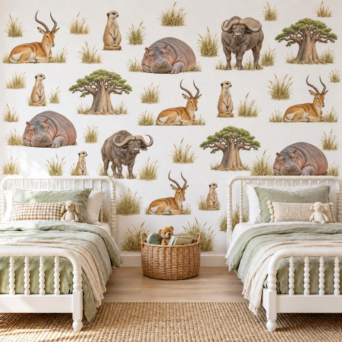 Safari Wall Stickers, African Animal Nursery Decor, Hippo Buffalo Meerkat Wall Decals, Kids Room Savanna Baobab Peel and Stick Wall Art