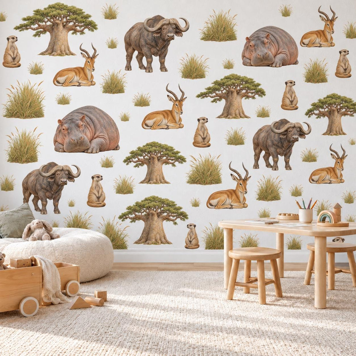 Safari Wall Stickers, African Animal Nursery Decor, Hippo Buffalo Meerkat Wall Decals, Kids Room Savanna Baobab Peel and Stick Wall Art