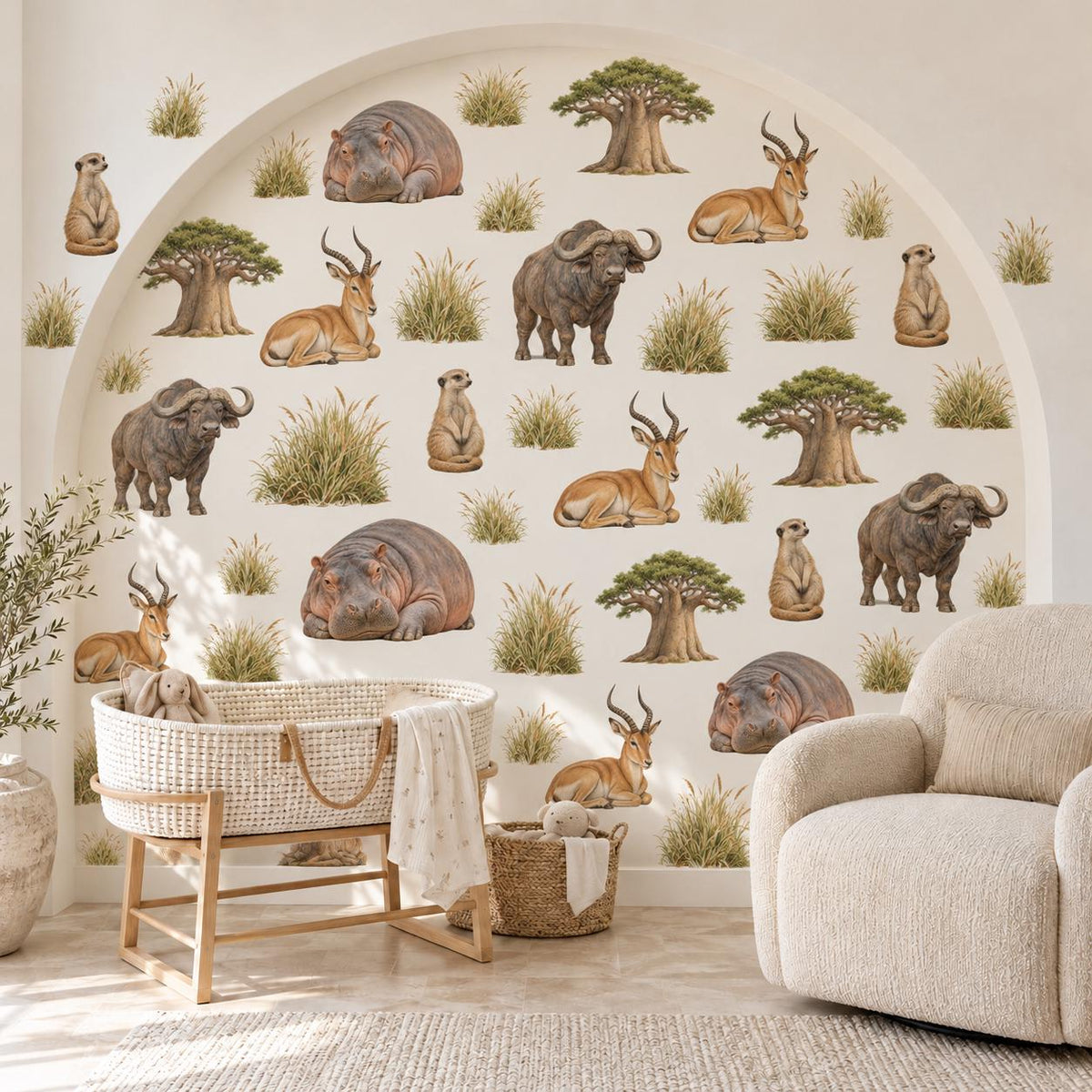Safari Wall Stickers, African Animal Nursery Decor, Hippo Buffalo Meerkat Wall Decals, Kids Room Savanna Baobab Peel and Stick Wall Art