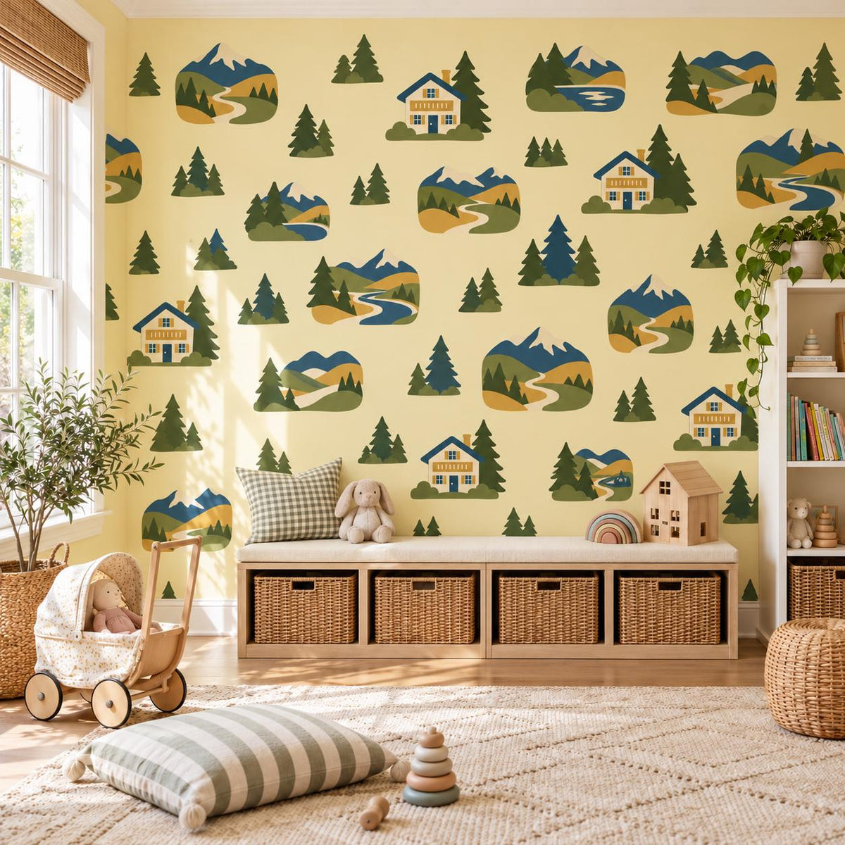 Mountain Wall Stickers, Alpine Nursery Decor, Pine Tree Chalet Wall Decals, Boys Kids Room Adventure Landscape Peel and Stick Wall Art