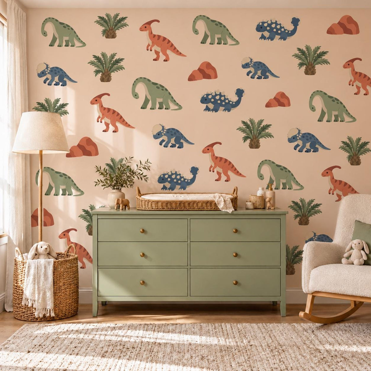 Dinosaur Wall Stickers, Dino Nursery Decor, Blue Green Orange Dinosaur Wall Decals, Boys Kids Room Jurassic Peel and Stick Wall Art