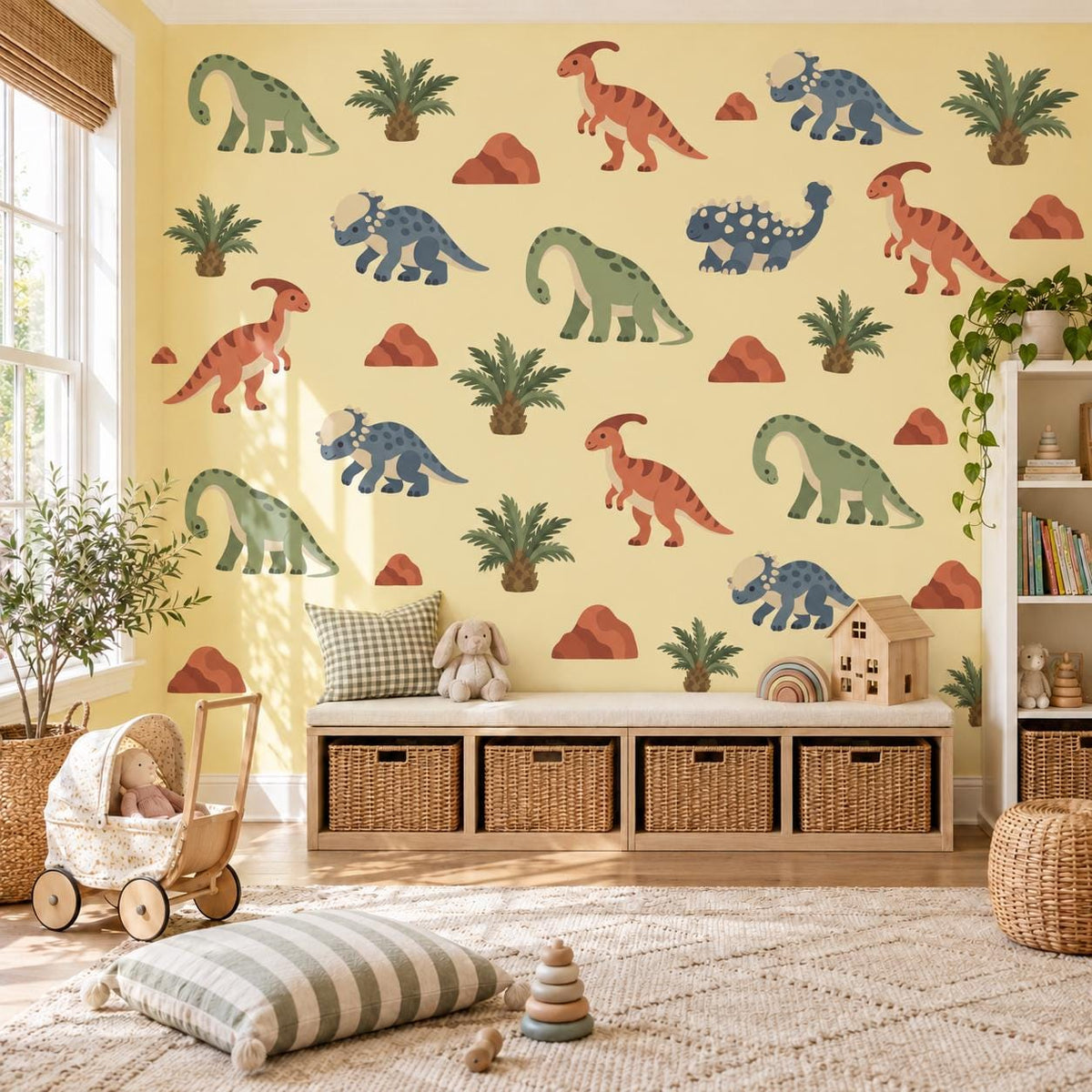 Dinosaur Wall Stickers, Dino Nursery Decor, Blue Green Orange Dinosaur Wall Decals, Boys Kids Room Jurassic Peel and Stick Wall Art