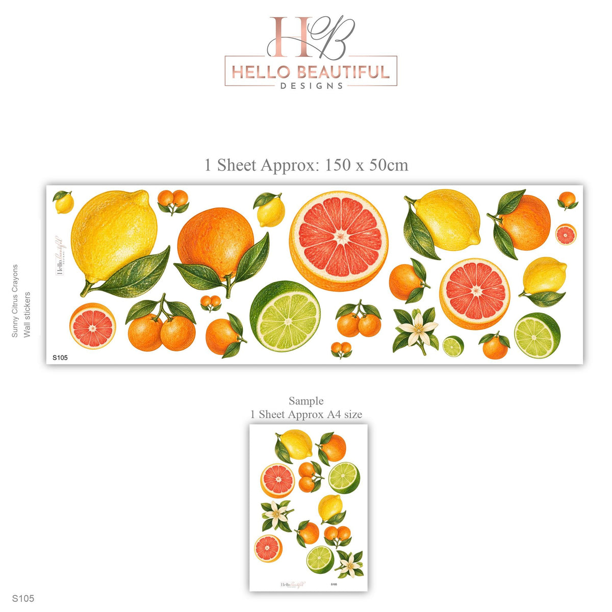 Citrus Wall Stickers, Lemon Orange Nursery Decor, Grapefruit Lime Fruit Wall Decals, Girls Kids Room Summer Peel and Stick Wall Art