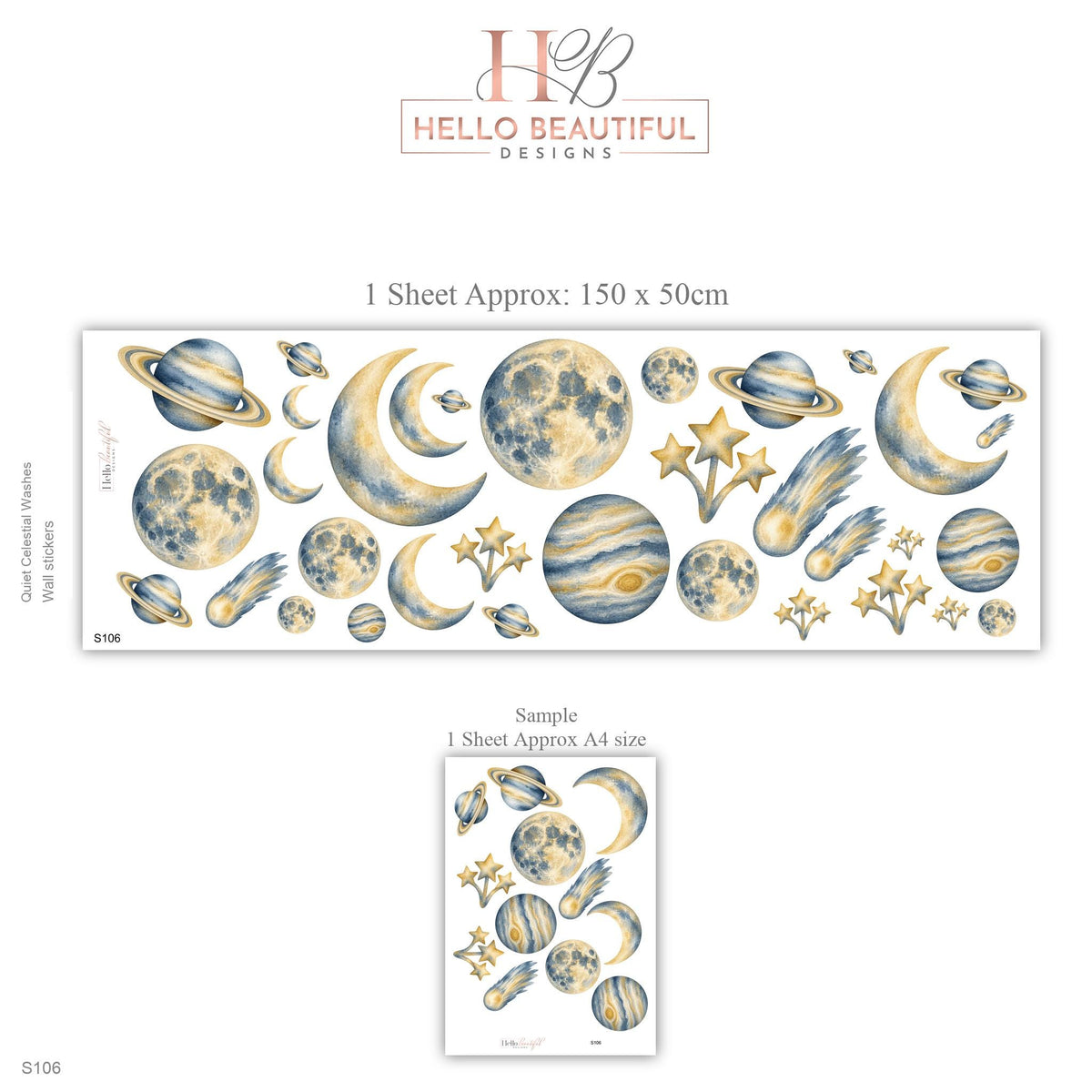 Space Wall Stickers, Celestial Nursery Decor, Moon Planet Star Wall Decals, Kids Room Navy Gold Galaxy Peel and Stick Wall Art