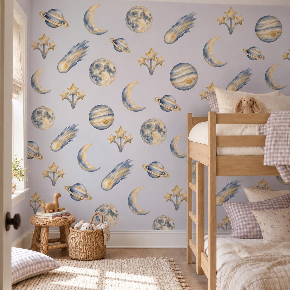 Space Wall Stickers, Celestial Nursery Decor, Moon Planet Star Wall Decals, Kids Room Navy Gold Galaxy Peel and Stick Wall Art