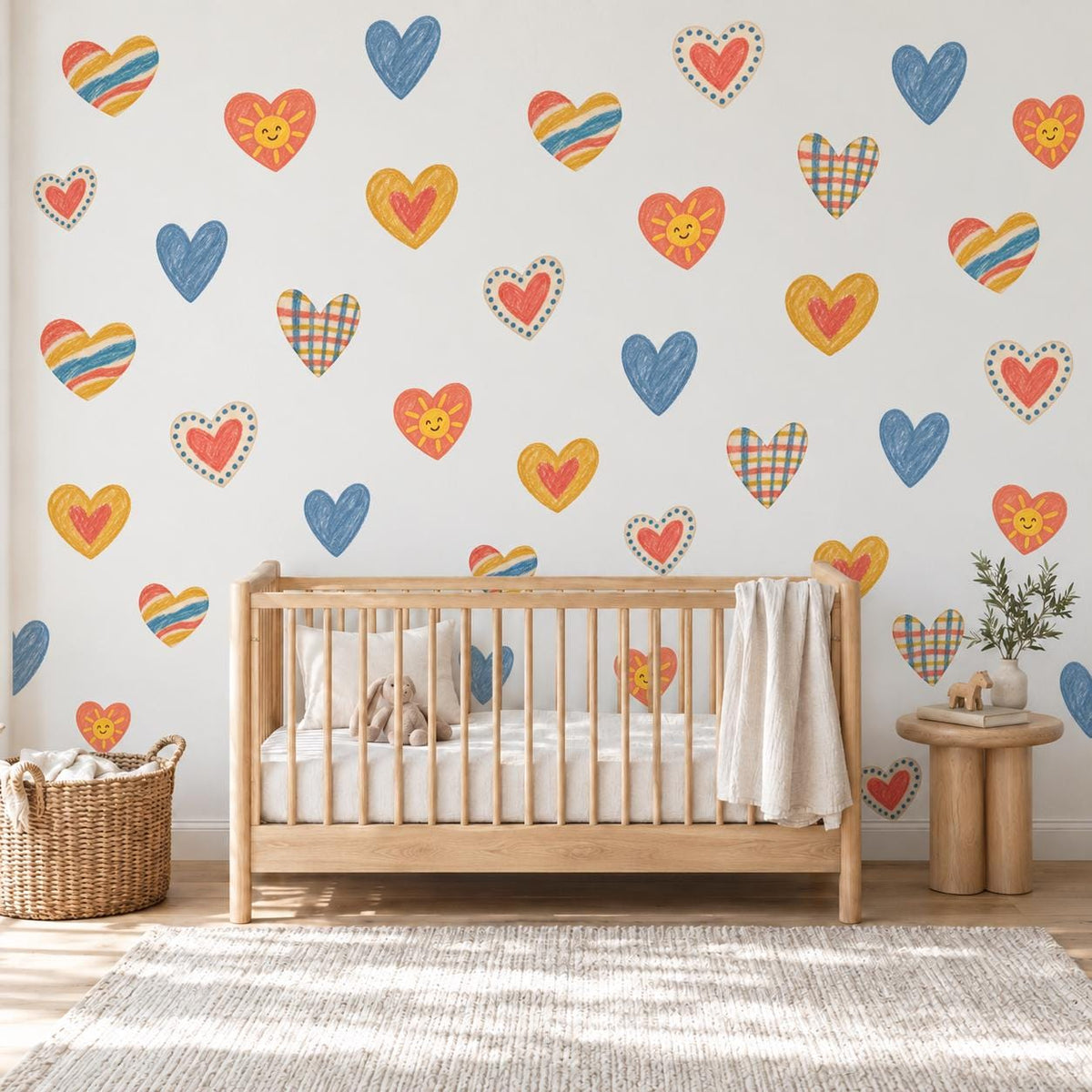 Heart Wall Stickers, Crayon Heart Nursery Decor, Rainbow Gingham Heart Wall Decals, Kids Room Navy Mustard Coral Peel and Stick Wall Art