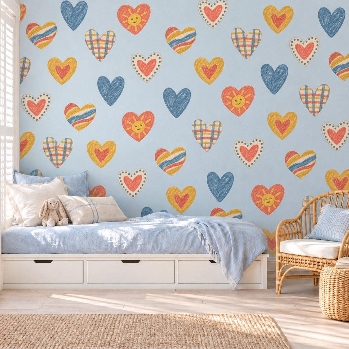 Heart Wall Stickers, Crayon Heart Nursery Decor, Rainbow Gingham Heart Wall Decals, Kids Room Navy Mustard Coral Peel and Stick Wall Art