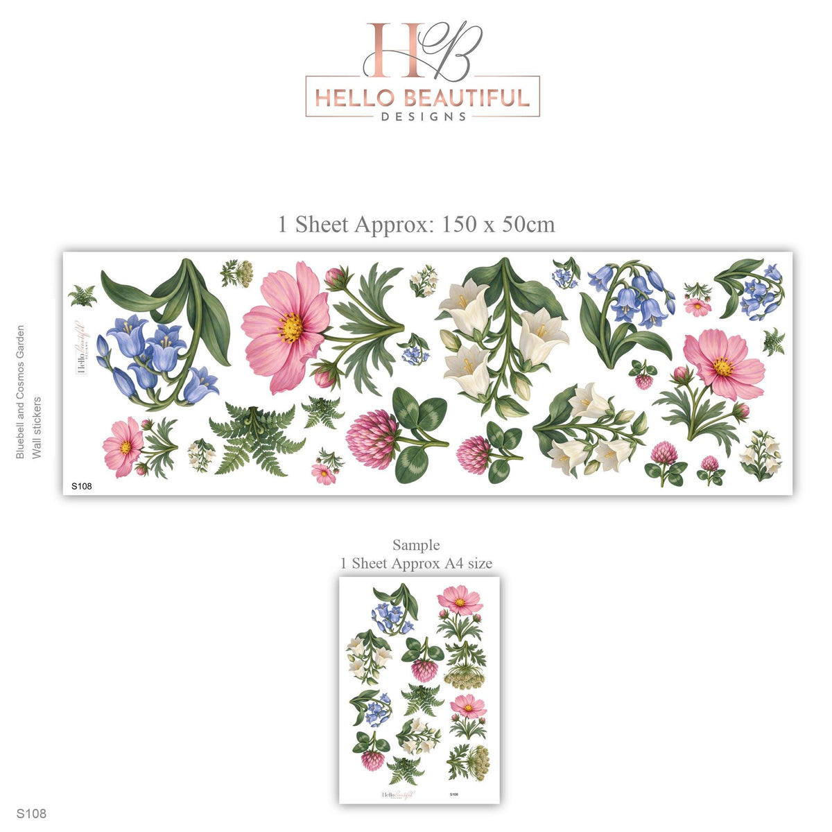 Wildflower Wall Stickers, Floral Nursery Decor, Bluebell Cosmos Clover Wall Decals, Girls Kids Room Botanical Peel and Stick Wall Art