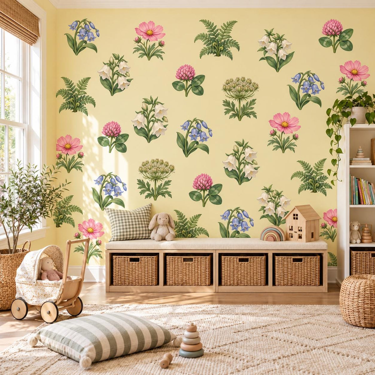 Wildflower Wall Stickers, Floral Nursery Decor, Bluebell Cosmos Clover Wall Decals, Girls Kids Room Botanical Peel and Stick Wall Art