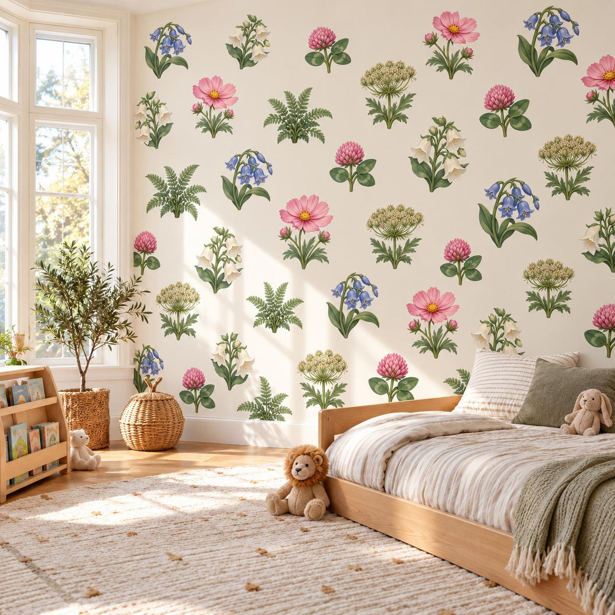 Wildflower Wall Stickers, Floral Nursery Decor, Bluebell Cosmos Clover Wall Decals, Girls Kids Room Botanical Peel and Stick Wall Art