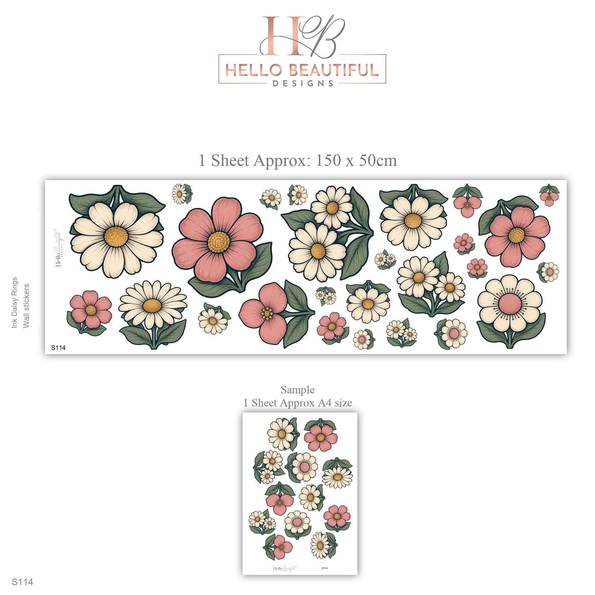 Daisy Wall Stickers, Retro Flower Nursery Decor, Pink Cream Daisy Wall Decals, Girls Kids Room Boho Floral Peel and Stick Wall Art