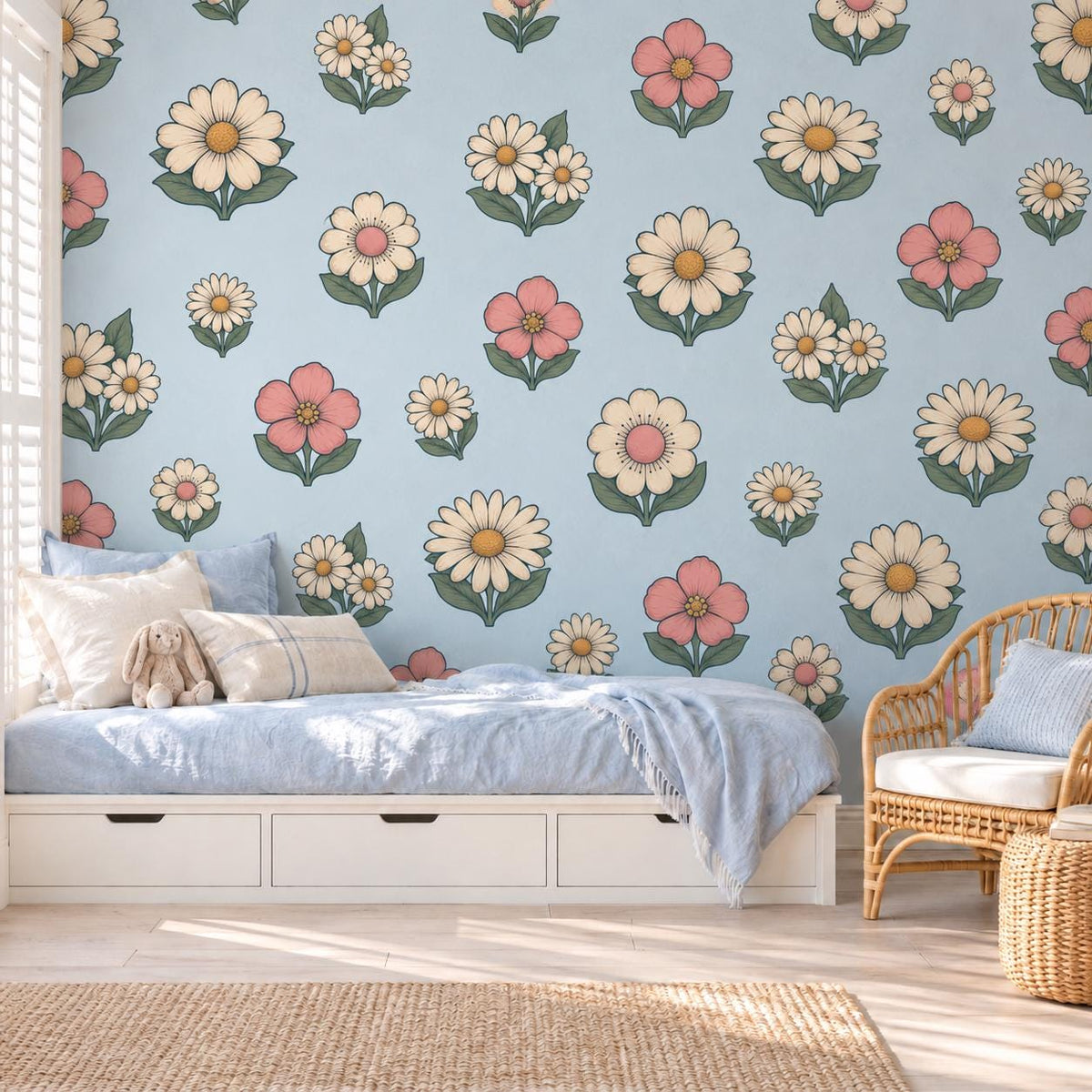 Daisy Wall Stickers, Retro Flower Nursery Decor, Pink Cream Daisy Wall Decals, Girls Kids Room Boho Floral Peel and Stick Wall Art