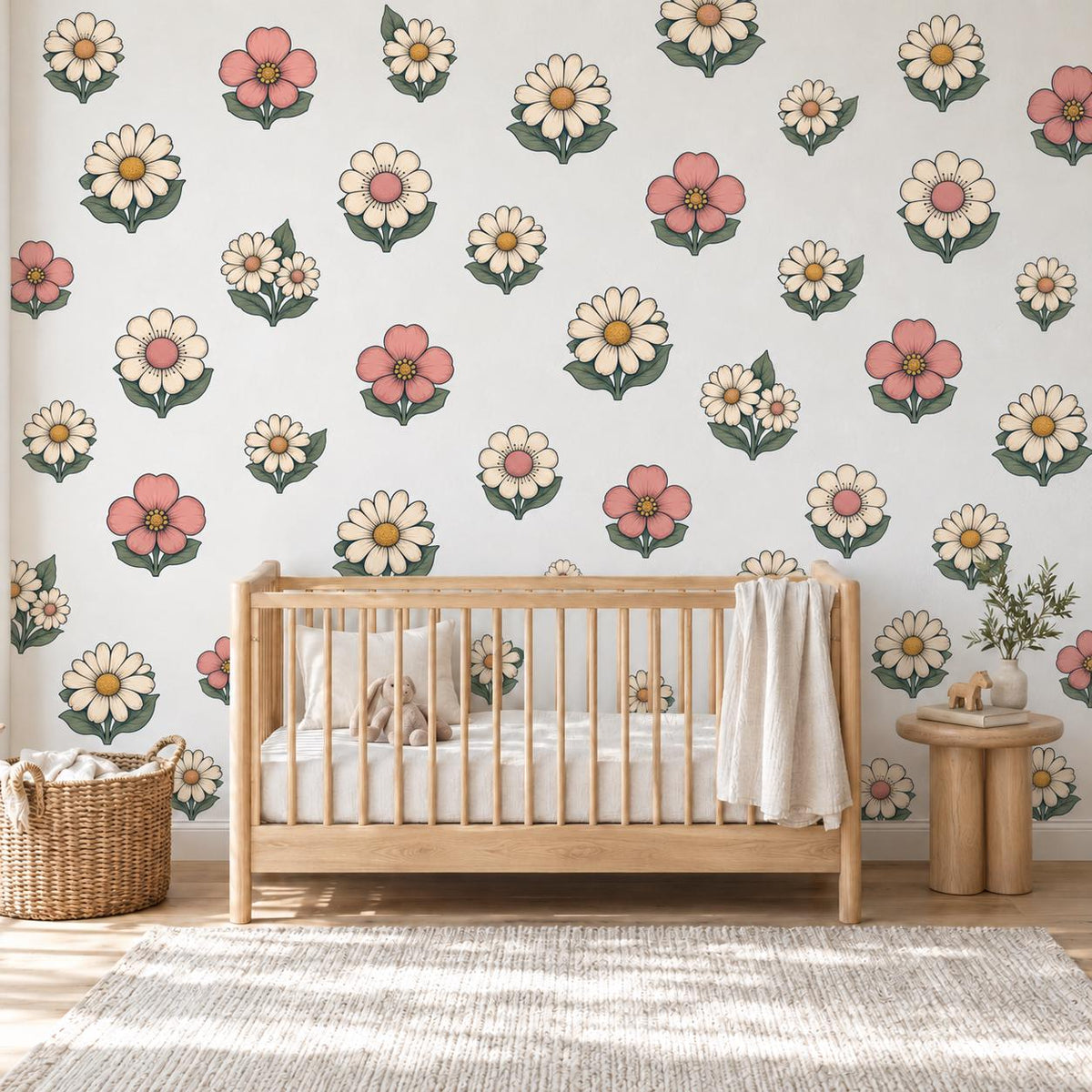 Daisy Wall Stickers, Retro Flower Nursery Decor, Pink Cream Daisy Wall Decals, Girls Kids Room Boho Floral Peel and Stick Wall Art