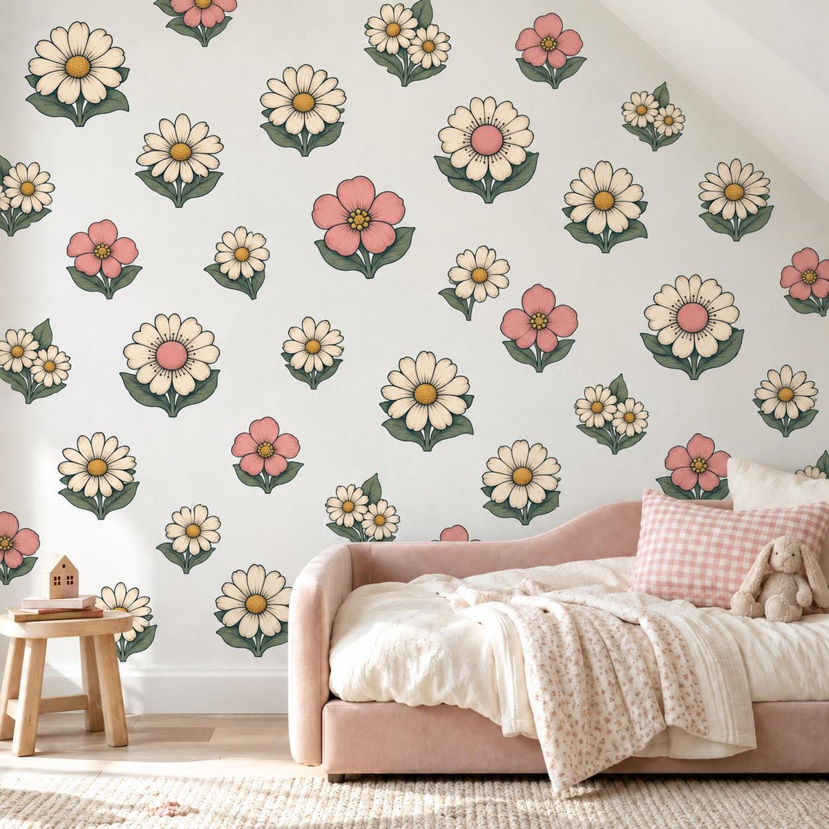 Daisy Wall Stickers, Retro Flower Nursery Decor, Pink Cream Daisy Wall Decals, Girls Kids Room Boho Floral Peel and Stick Wall Art