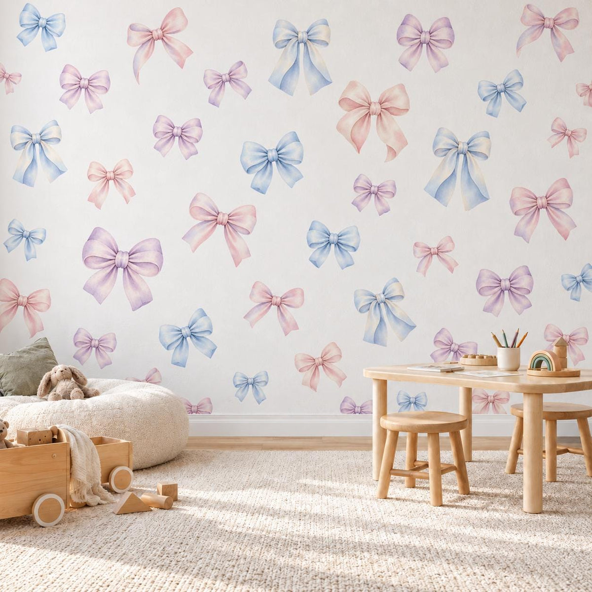 Bow Wall Stickers, Pastel Bow Nursery Decor, Watercolour Ribbon Wall Decals, Girls Room Pink Blue Lilac Coquette Peel and Stick Wall Art