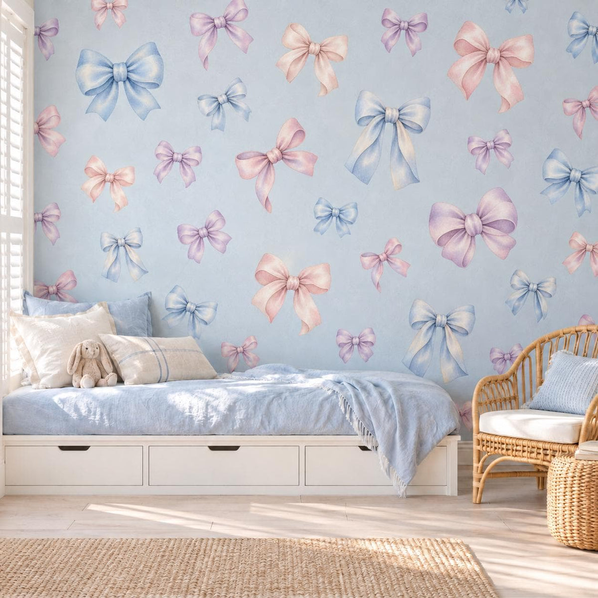 Bow Wall Stickers, Pastel Bow Nursery Decor, Watercolour Ribbon Wall Decals, Girls Room Pink Blue Lilac Coquette Peel and Stick Wall Art