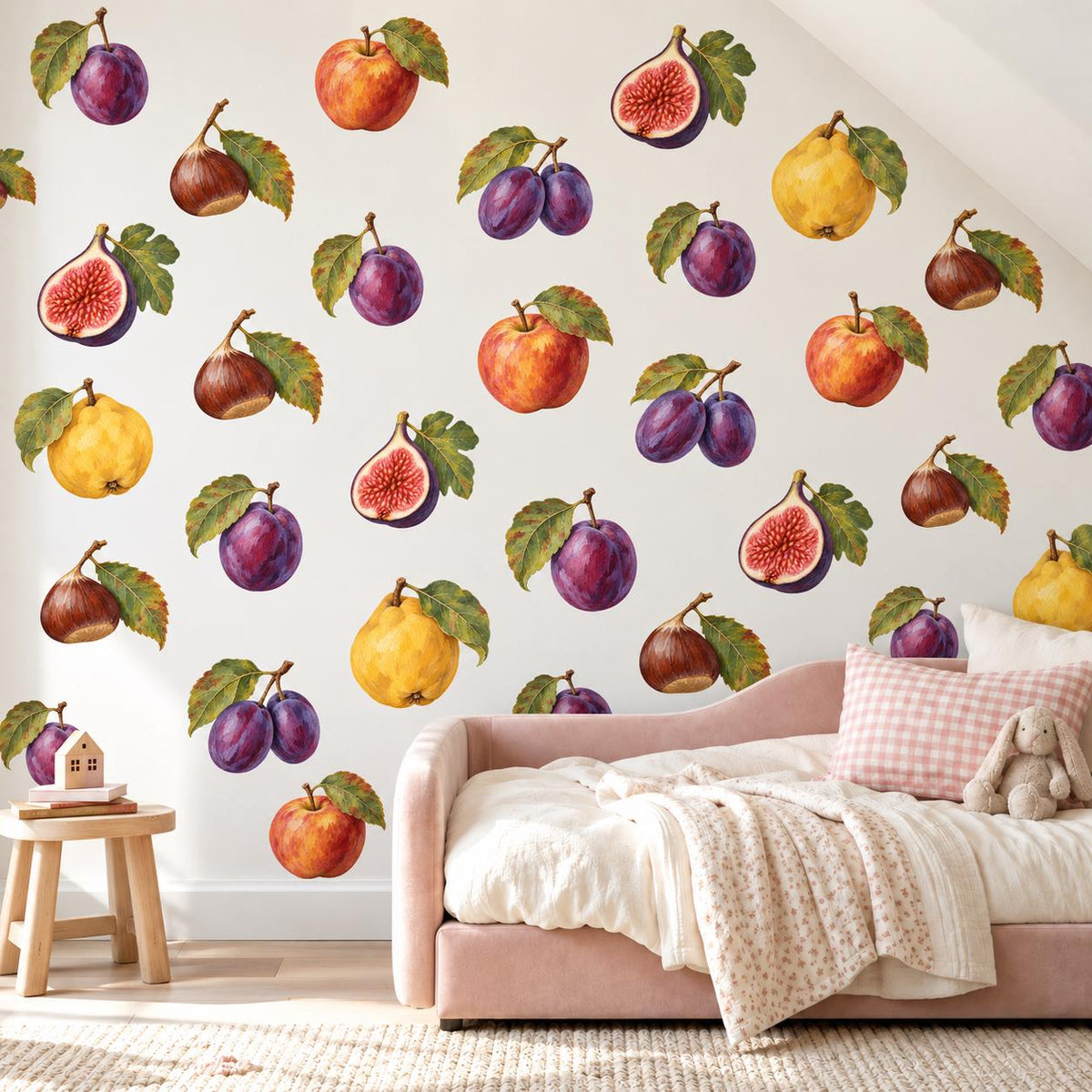Fruit Wall Stickers, Autumn Orchard Nursery Decor, Plum Fig Apple Pear Wall Decals, Kids Room Vintage Botanical Peel and Stick Wall Art