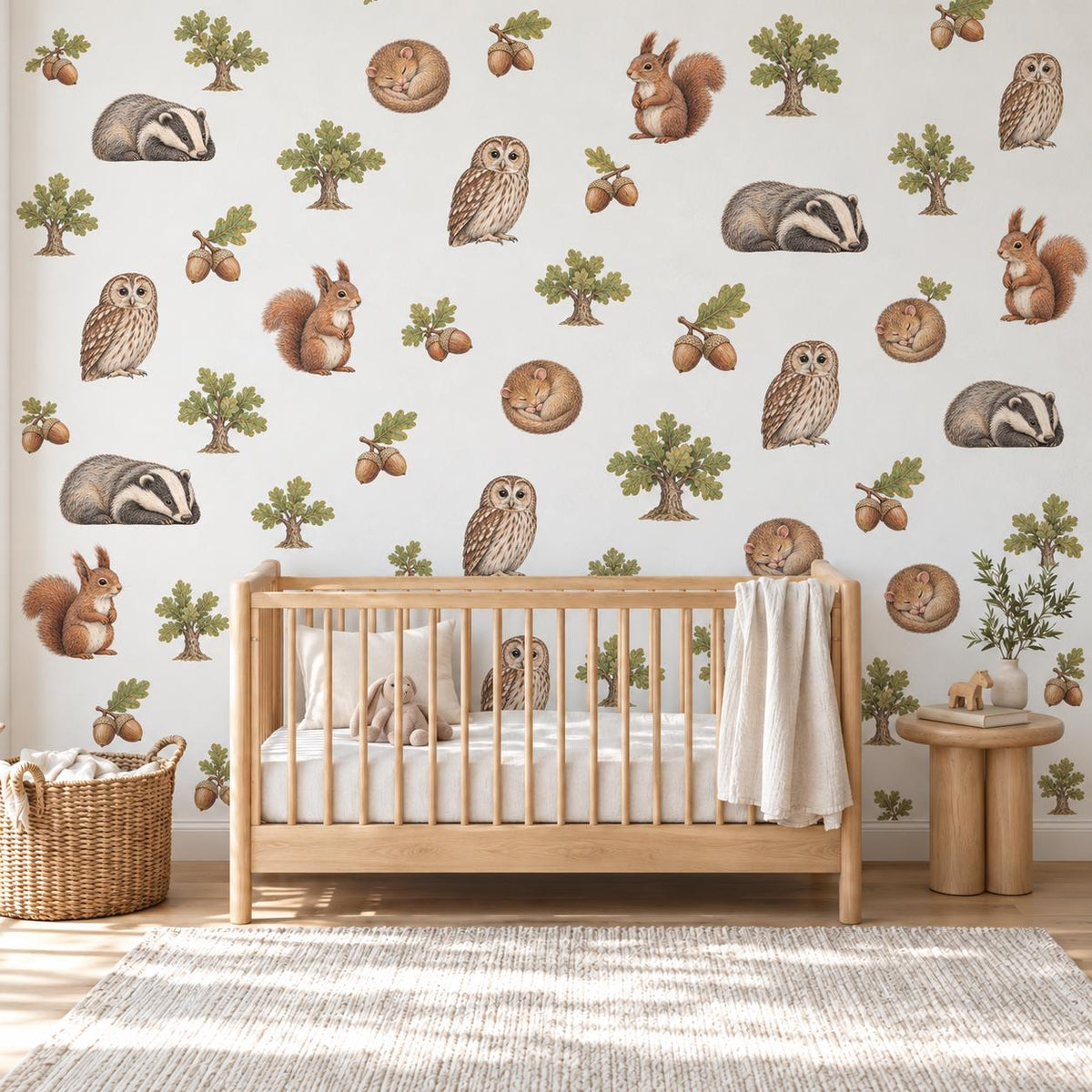 Woodland Animal Wall Stickers, Forest Nursery Decor, Badger Squirrel Owl Wall Decals, Kids Room Oak Tree Acorn Peel and Stick Wall Art