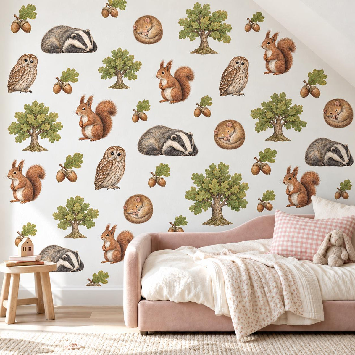 Woodland Animal Wall Stickers, Forest Nursery Decor, Badger Squirrel Owl Wall Decals, Kids Room Oak Tree Acorn Peel and Stick Wall Art