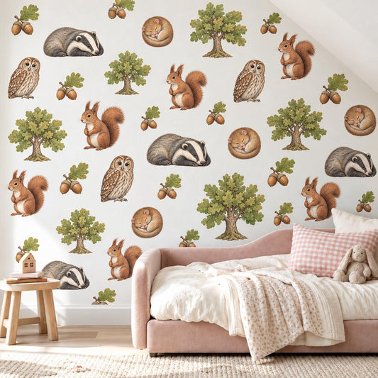 Woodland Animal Wall Stickers, Forest Nursery Decor, Badger Squirrel Owl Wall Decals, Kids Room Oak Tree Acorn Peel and Stick Wall Art