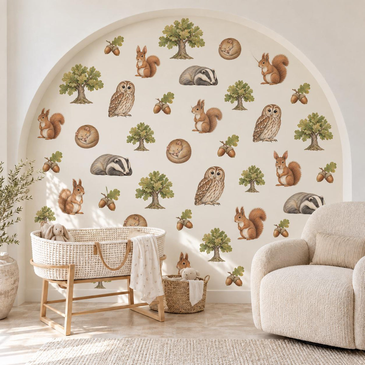 Woodland Animal Wall Stickers, Forest Nursery Decor, Badger Squirrel Owl Wall Decals, Kids Room Oak Tree Acorn Peel and Stick Wall Art