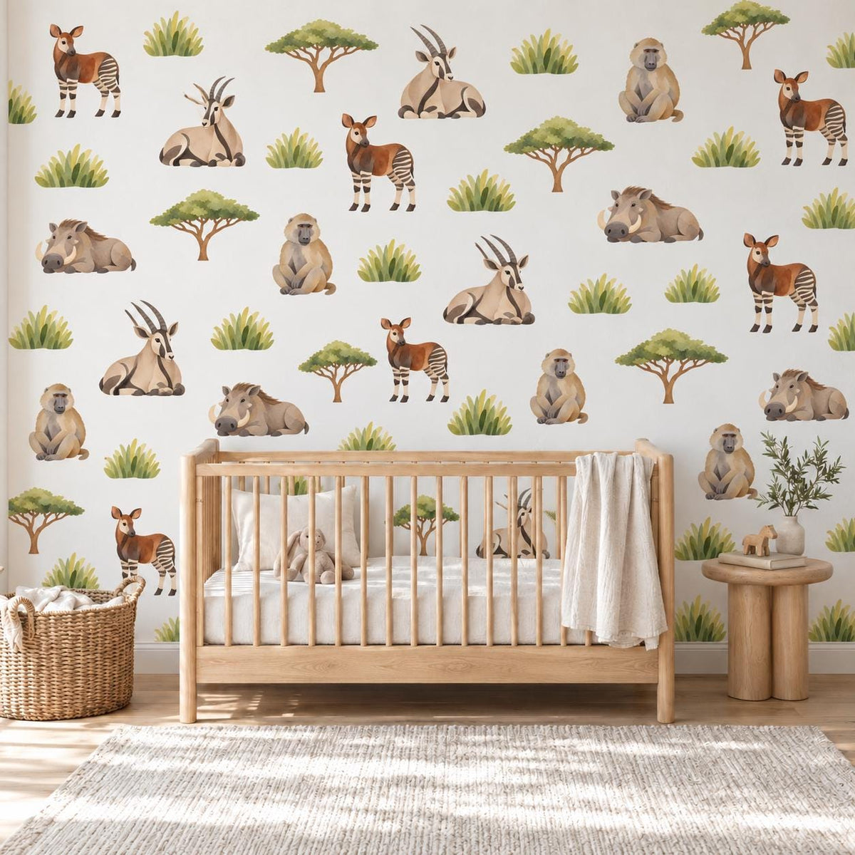 Safari Animal Wall Stickers, Savanna Nursery Decor, Okapi Baboon Warthog Wall Decals, Kids Room Watercolour Acacia Peel and Stick Wall Art