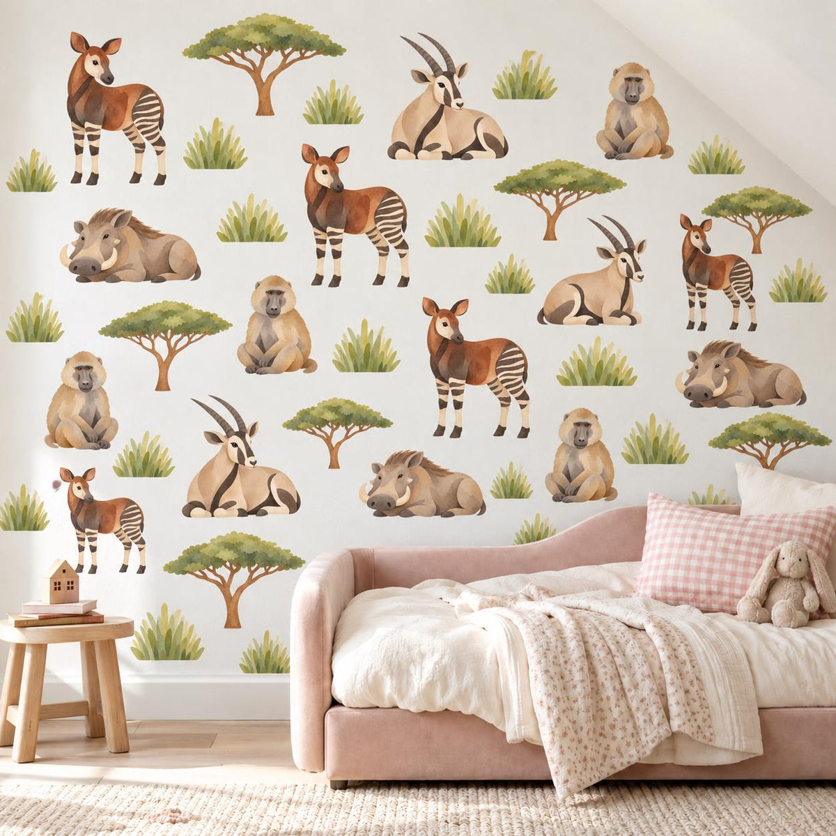 Safari Animal Wall Stickers, Savanna Nursery Decor, Okapi Baboon Warthog Wall Decals, Kids Room Watercolour Acacia Peel and Stick Wall Art