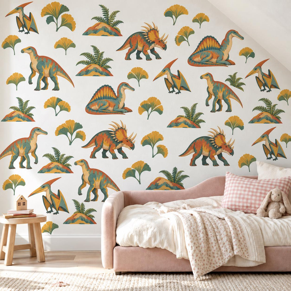 Dinosaur Wall Stickers, Paper Cut Dino Nursery Decor, Pterodactyl Dinosaur Wall Decals, Boys Kids Room Teal Mustard Peel and Stick Wall Art