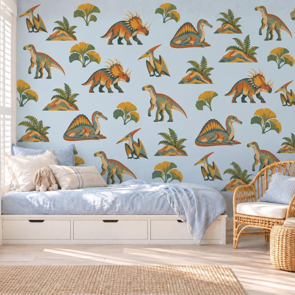 Dinosaur Wall Stickers, Paper Cut Dino Nursery Decor, Pterodactyl Dinosaur Wall Decals, Boys Kids Room Teal Mustard Peel and Stick Wall Art