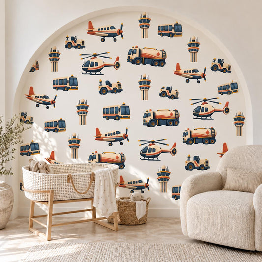 Airport Wall Stickers, Aeroplane Nursery Decor, Plane Helicopter Bus Wall Decals, Boys Kids Room Navy Orange Vehicle Peel and Stick Wall Art