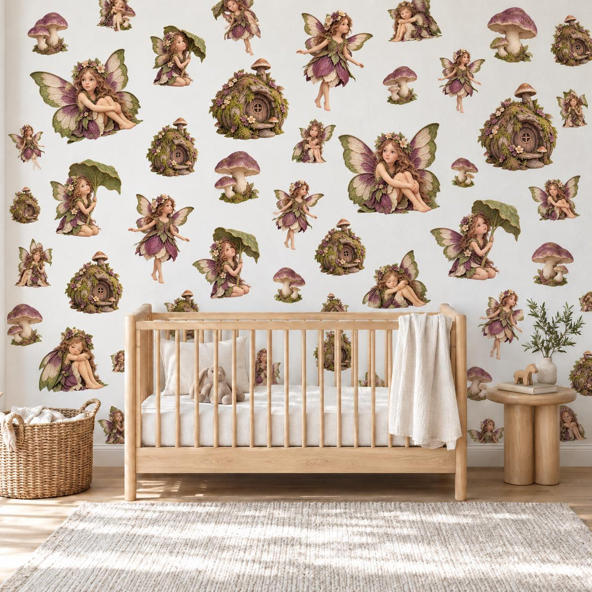 Fairy Wall Stickers, Woodland Fairy Nursery Decor, Mushroom Fairy House Wall Decals, Girls Kids Room Plum Moss Green Peel and Stick Wall Art