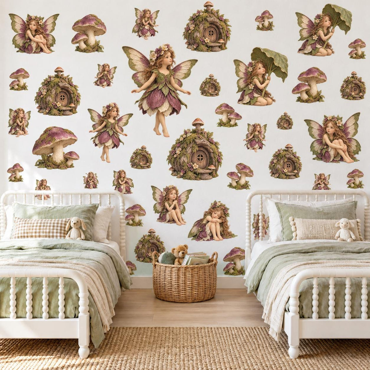 Fairy Wall Stickers, Woodland Fairy Nursery Decor, Mushroom Fairy House Wall Decals, Girls Kids Room Plum Moss Green Peel and Stick Wall Art