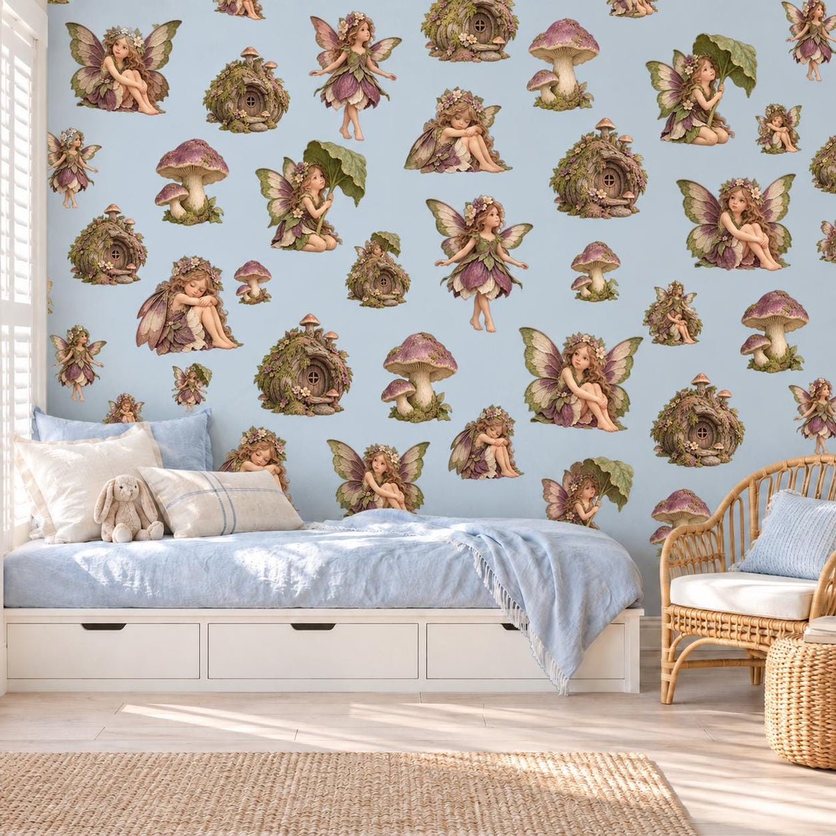 Fairy Wall Stickers, Woodland Fairy Nursery Decor, Mushroom Fairy House Wall Decals, Girls Kids Room Plum Moss Green Peel and Stick Wall Art