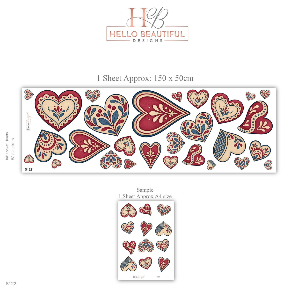 Heart Wall Stickers, Folk Art Heart Nursery Decor, Red Navy Scandi Heart Wall Decals, Girls Kids Room Valentine Peel and Stick Wall Art