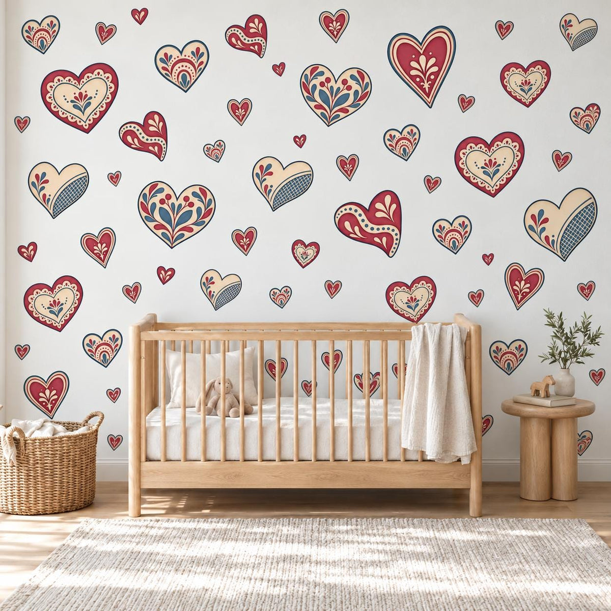 Heart Wall Stickers, Folk Art Heart Nursery Decor, Red Navy Scandi Heart Wall Decals, Girls Kids Room Valentine Peel and Stick Wall Art