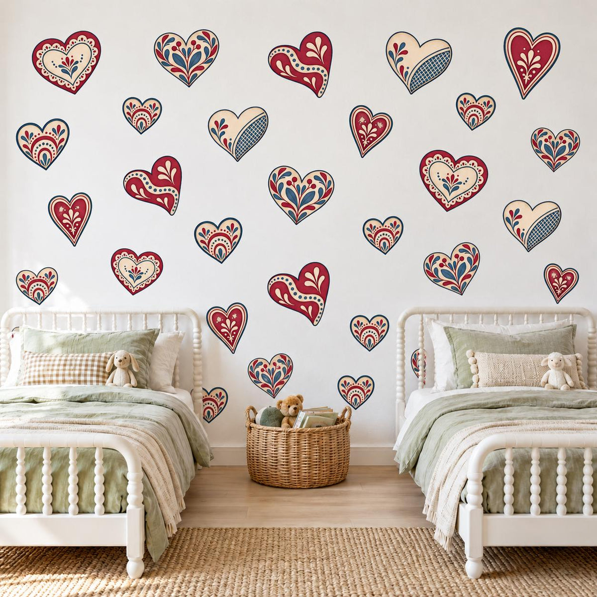 Heart Wall Stickers, Folk Art Heart Nursery Decor, Red Navy Scandi Heart Wall Decals, Girls Kids Room Valentine Peel and Stick Wall Art