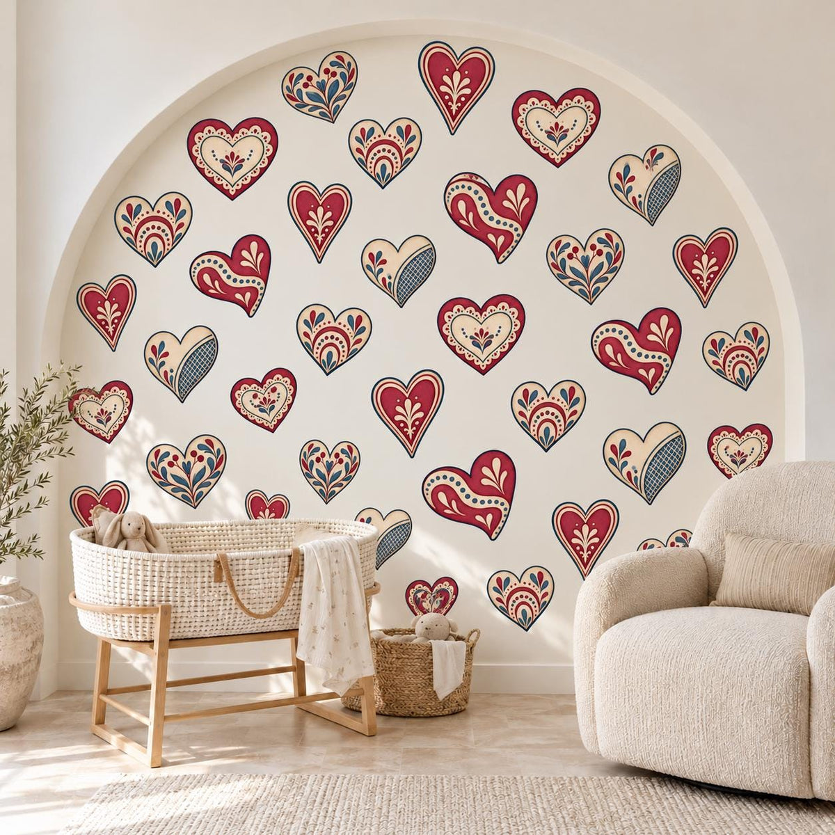 Heart Wall Stickers, Folk Art Heart Nursery Decor, Red Navy Scandi Heart Wall Decals, Girls Kids Room Valentine Peel and Stick Wall Art