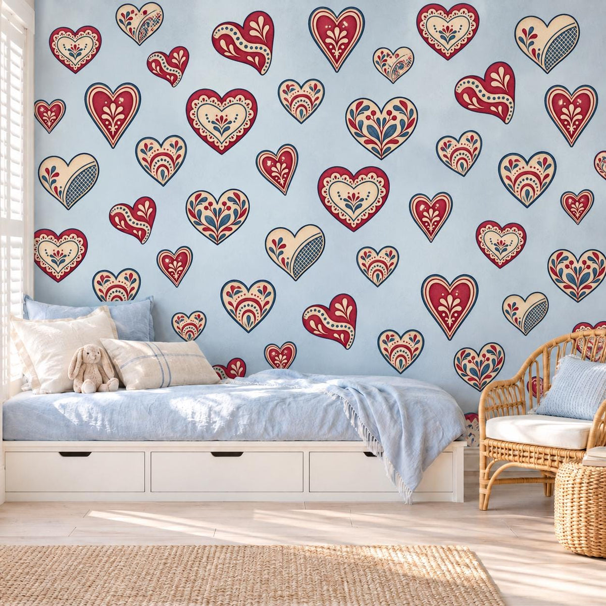 Heart Wall Stickers, Folk Art Heart Nursery Decor, Red Navy Scandi Heart Wall Decals, Girls Kids Room Valentine Peel and Stick Wall Art