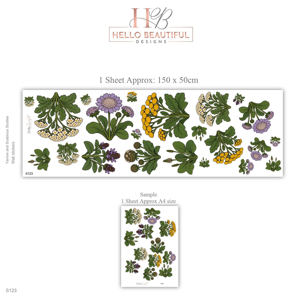 Wildflower Wall Stickers, Meadow Flower Nursery Decor, Yarrow Scabious Botanical Wall Decals, Kids Room Lilac Yellow Peel and Stick Wall Art
