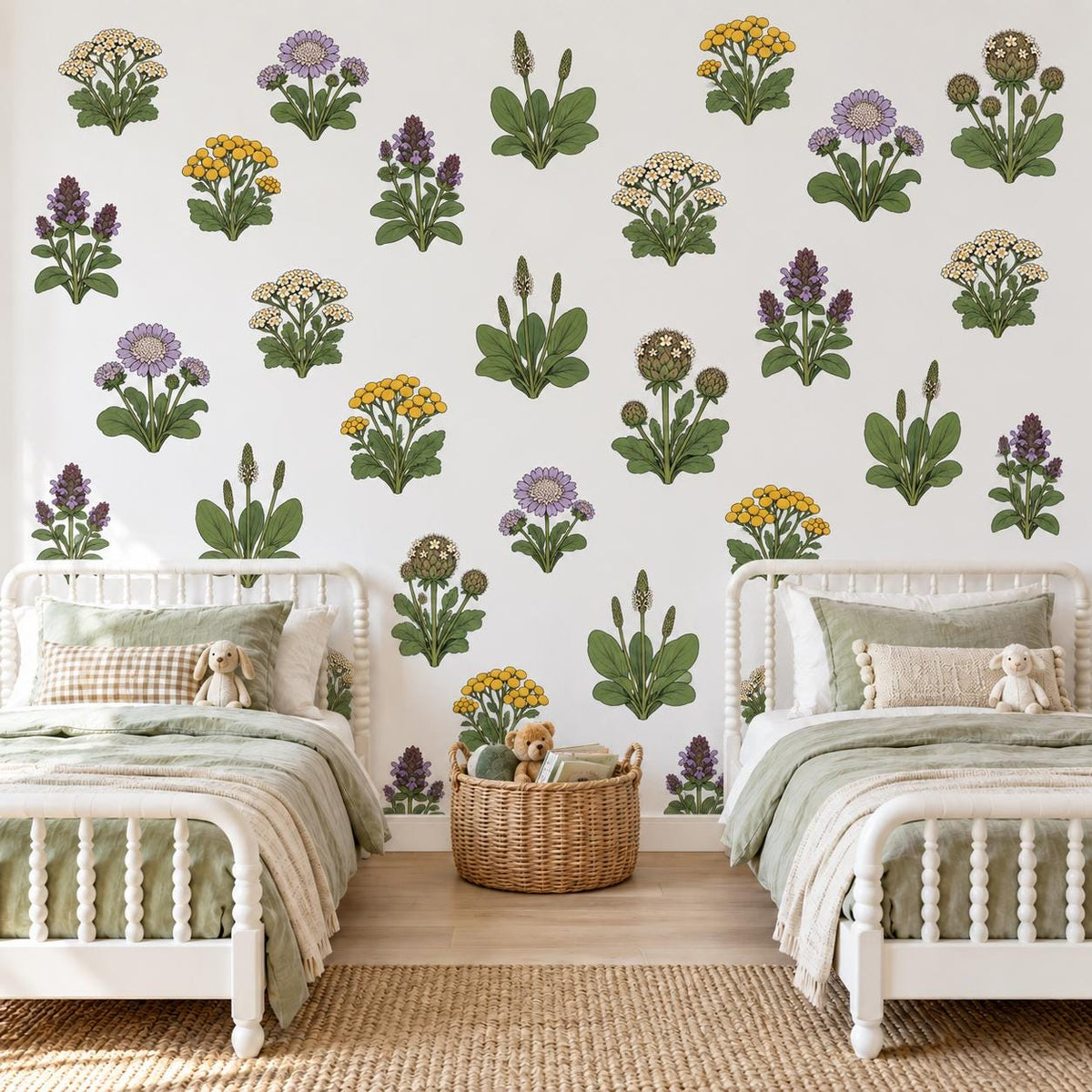 Wildflower Wall Stickers, Meadow Flower Nursery Decor, Yarrow Scabious Botanical Wall Decals, Kids Room Lilac Yellow Peel and Stick Wall Art