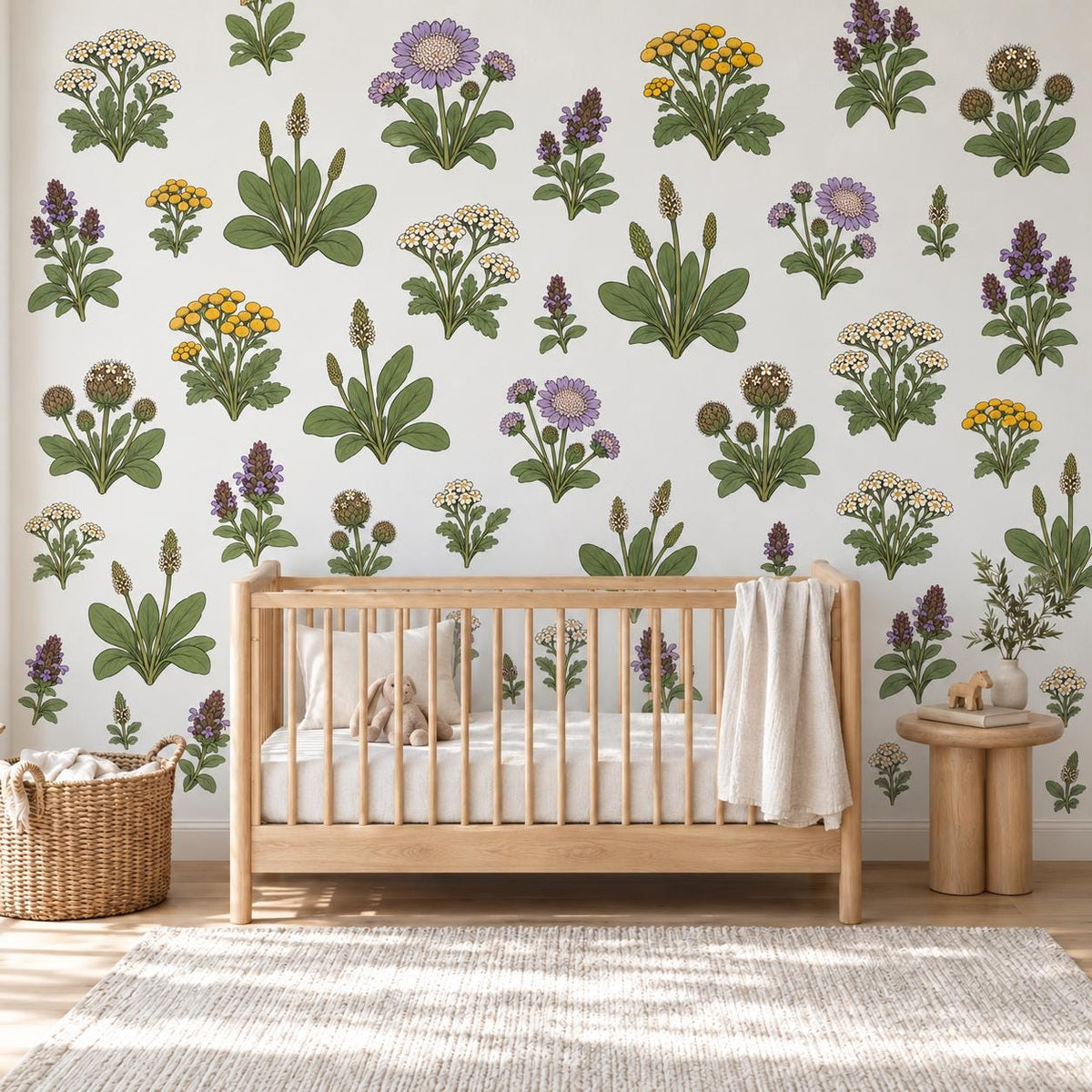 Wildflower Wall Stickers, Meadow Flower Nursery Decor, Yarrow Scabious Botanical Wall Decals, Kids Room Lilac Yellow Peel and Stick Wall Art